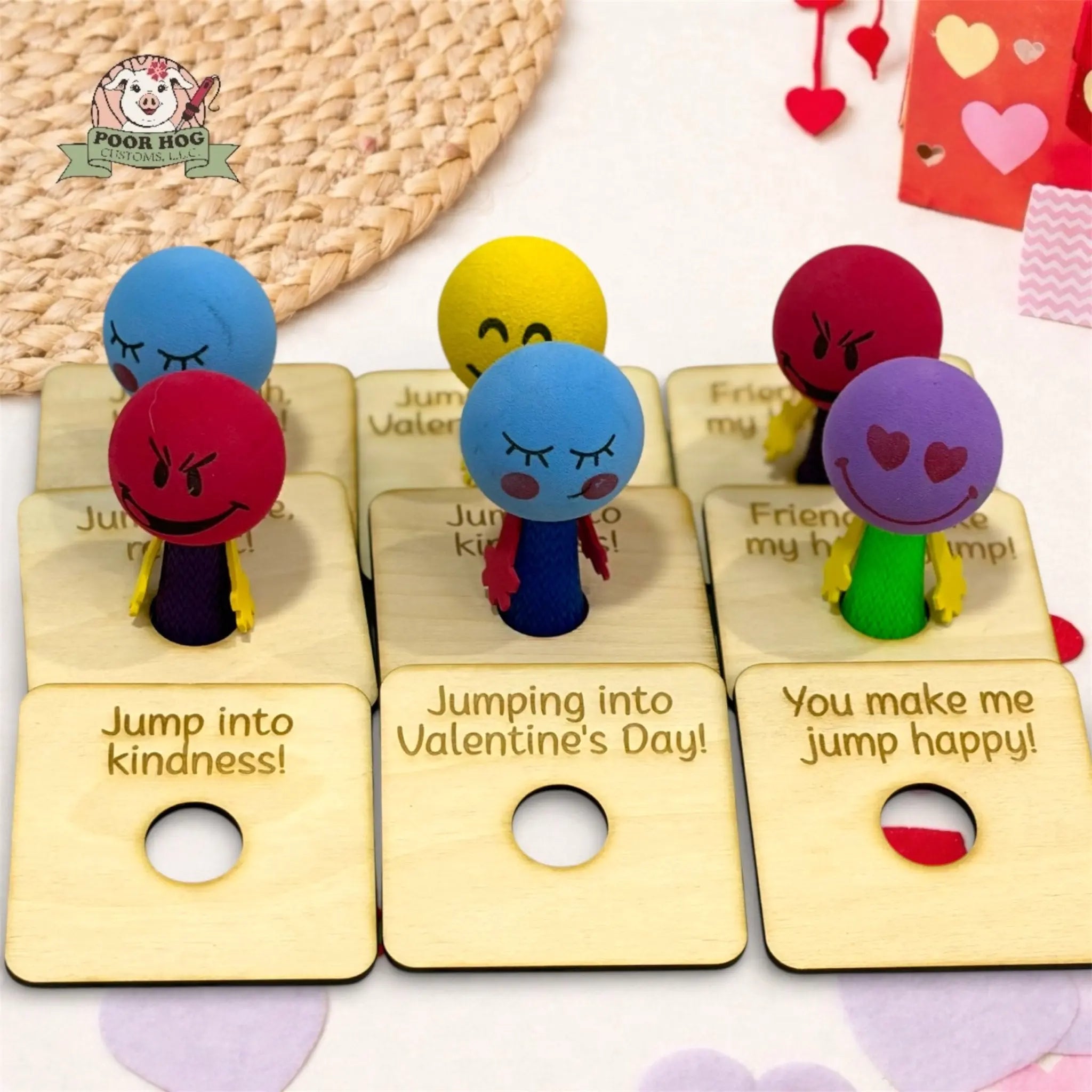 Jump Toy Valentine Gift, Wooden Valentine Tags, Non-Candy Classroom Favor Poor Hog Customs
