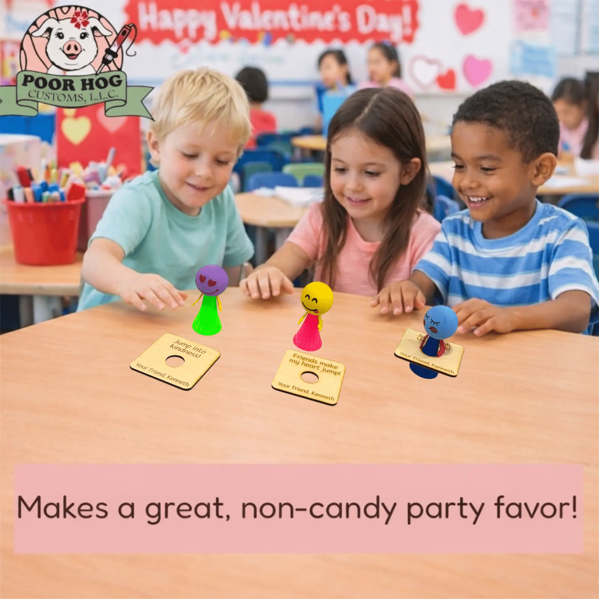 Non-Candy Valentine's Day classroom favors: Kids playing with jump toys and personalized wooden tags from friend Kenneth.