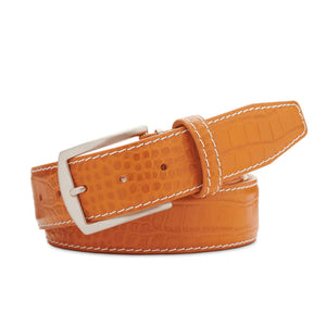Orange mock croc belt showing handmade leather craftsmanship