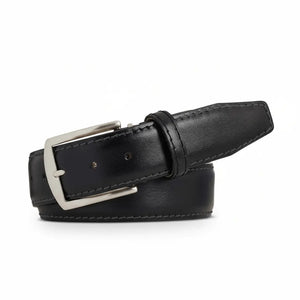 Kamea black calf belt showing handmade leather craftsmanship