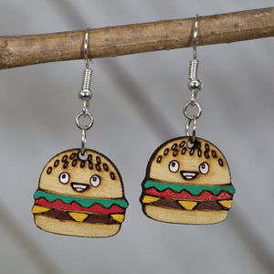 Kawaii Cheeseburger Wooden Earrings | Cute Food Lover Jewelry