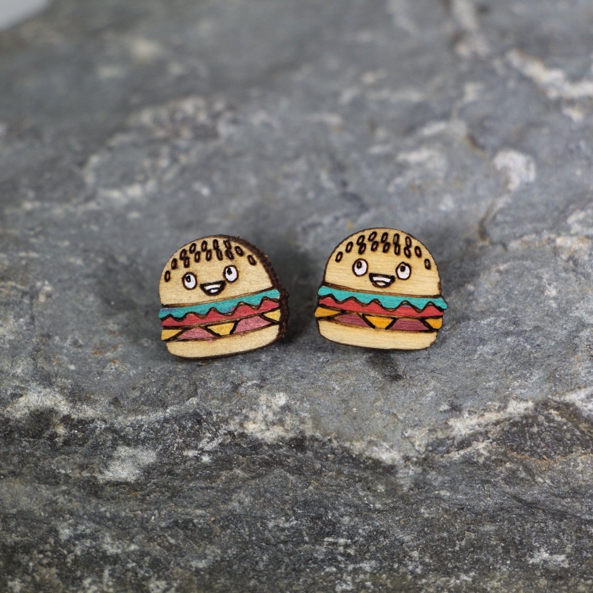 Kawaii Cheeseburger Wooden Earrings | Cute Food Lover Jewelry