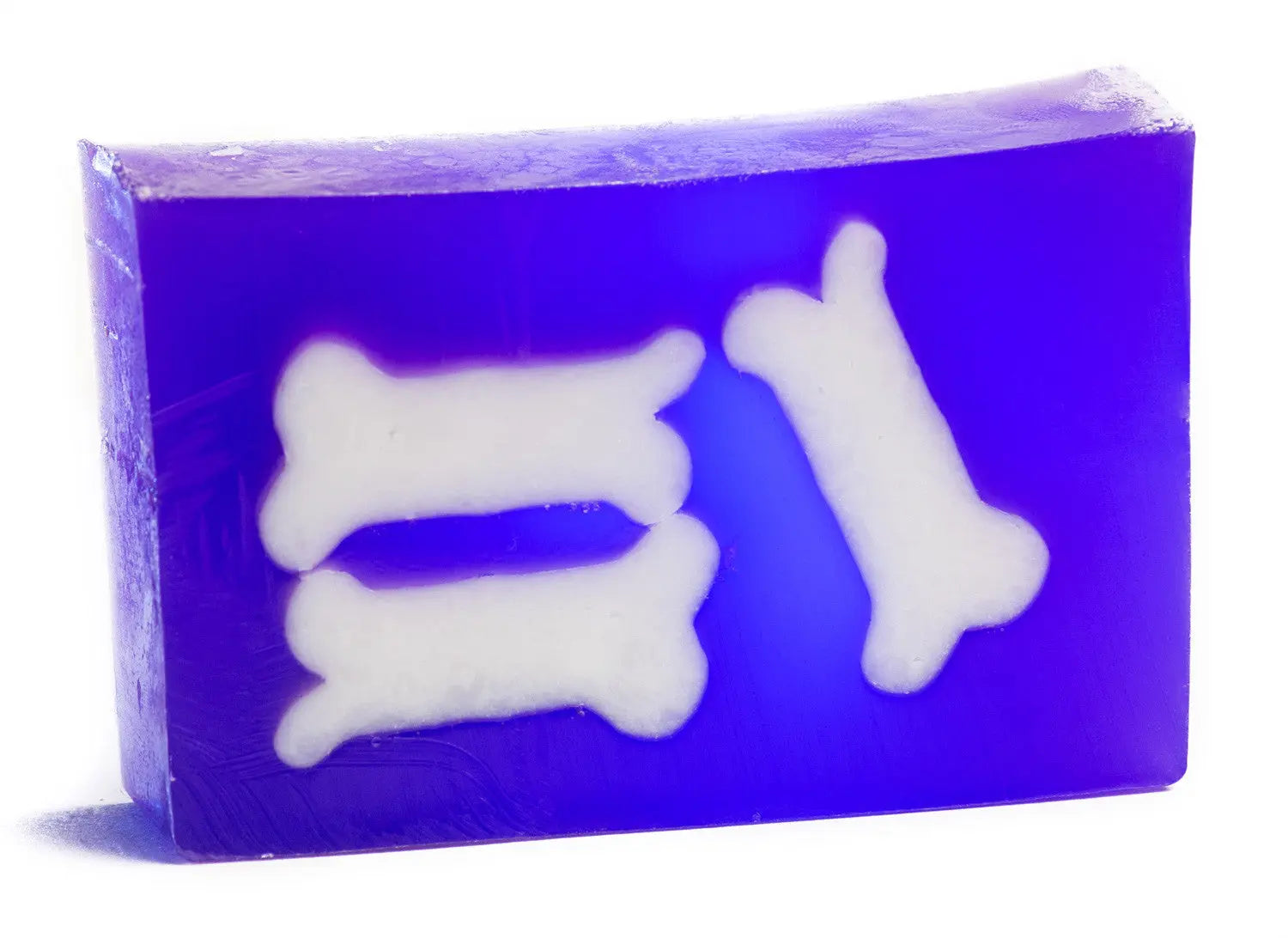 Purple lavender dog bone soap slice with white bone shapes embedded inside.