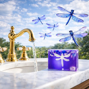 Purple soap with white dragonfly design and blue accents next to a golden faucet with running water.