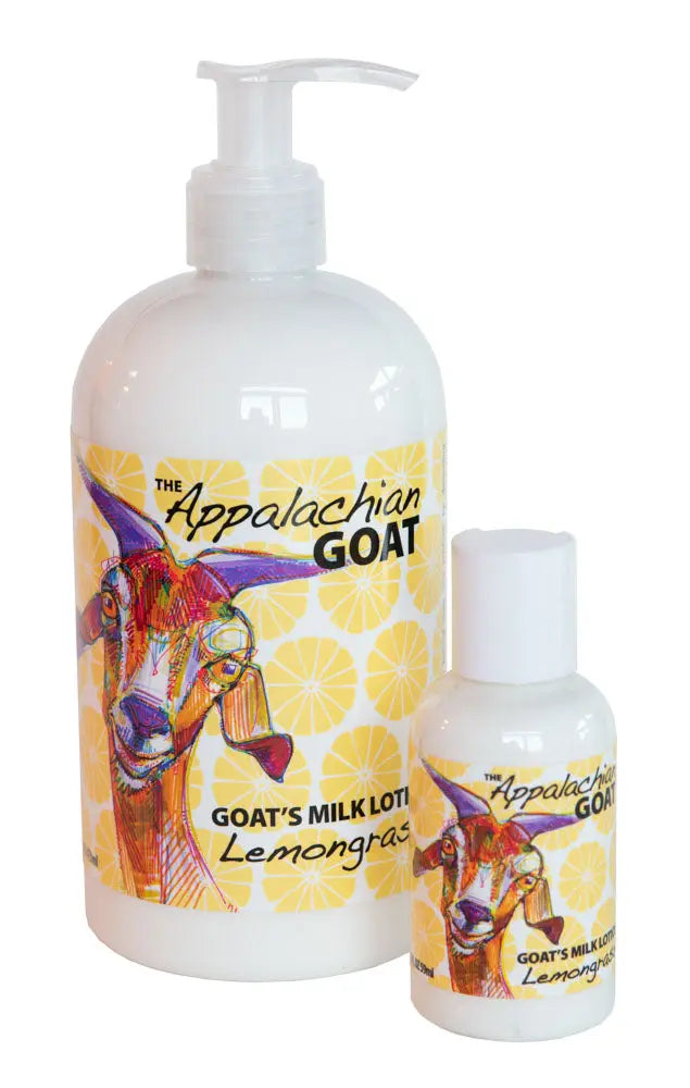 Appalachian Goat lemongrass goat's milk lotion bottles, 16 oz and 2 oz sizes.