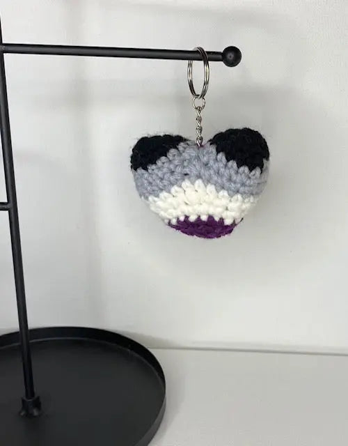 Asexual Pride Heart Keychain - Crochet LGBTQ Accessory - Black, Grey, White, Purple