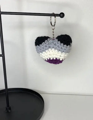 Asexual Pride Heart Keychain - Crochet LGBTQ Accessory - Black, Grey, White, Purple
