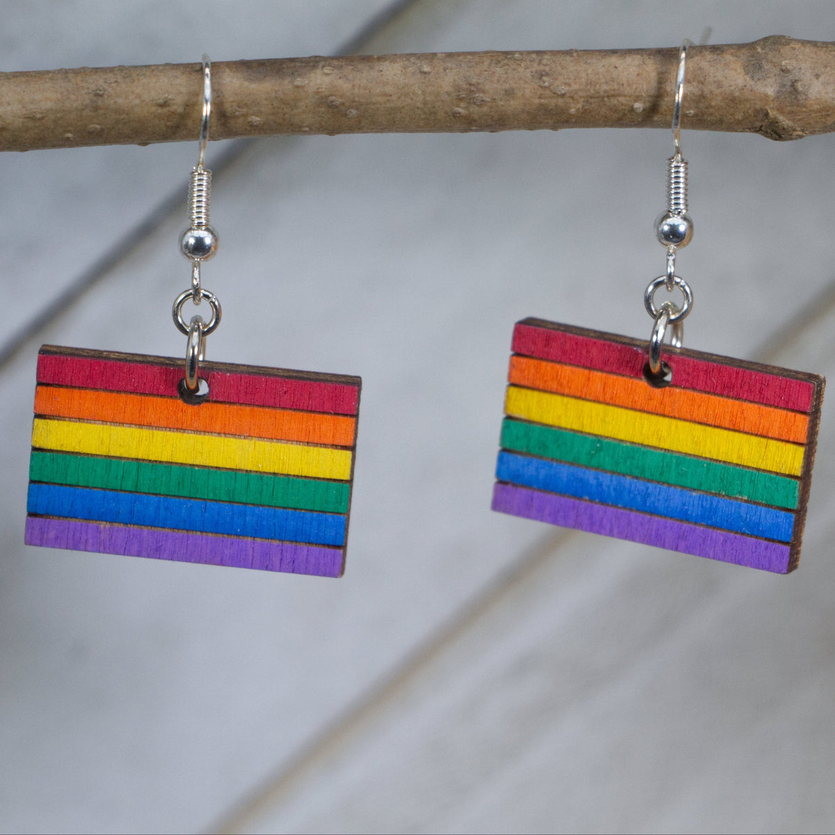 LGBTQ Pride Flag Wooden Earrings | Rainbow Pride Jewelry detail view by Cate's Concepts, LLC