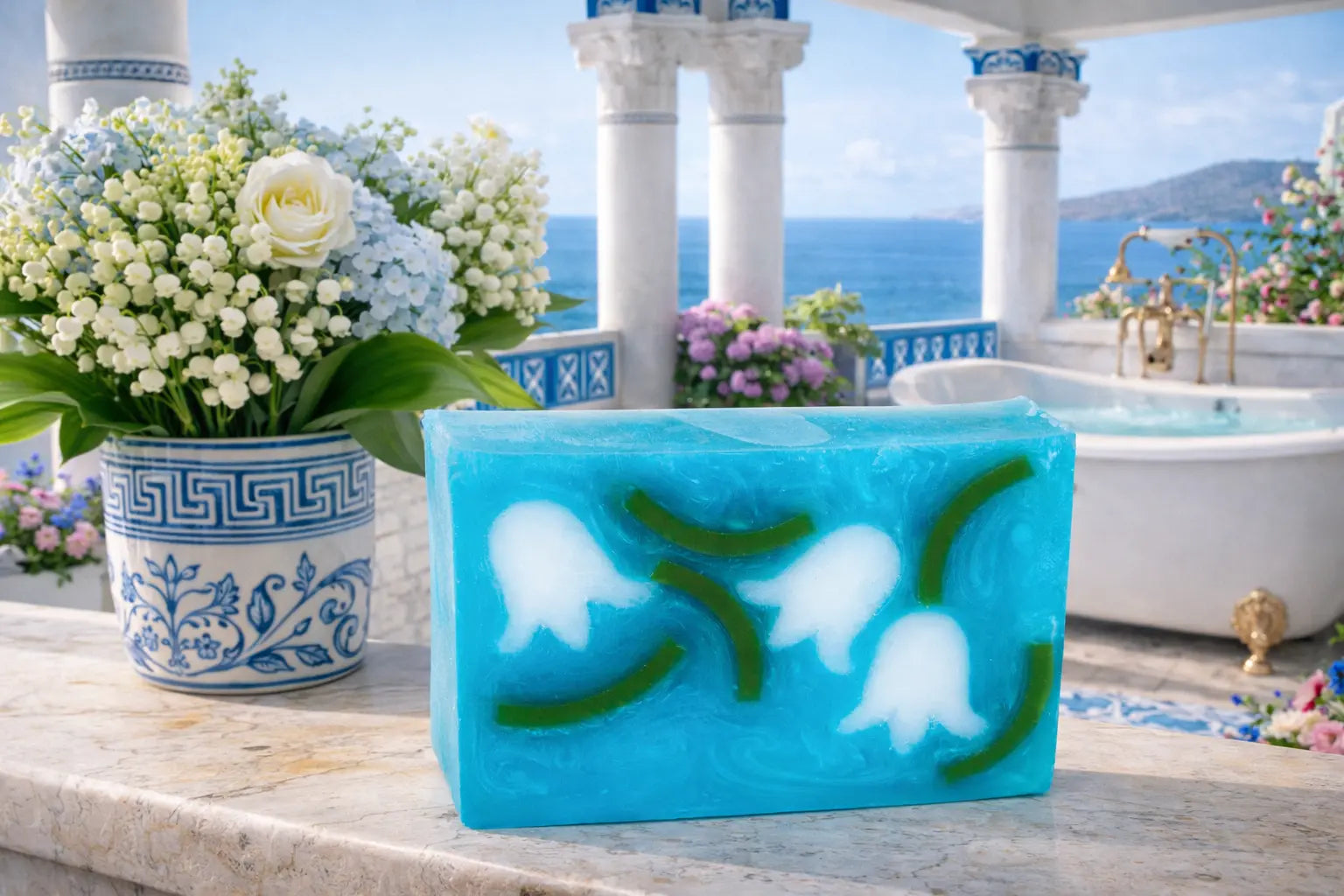 Blue lily of the valley soap slice with white flower inserts and green stems.
