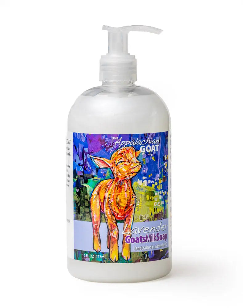 Lavender goats milk liquid soap in a pump bottle with a colorful label