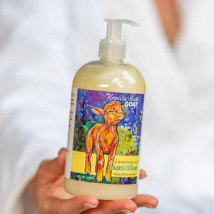 Bottle of lemongrass goat milk liquid soap with colorful goat artwork