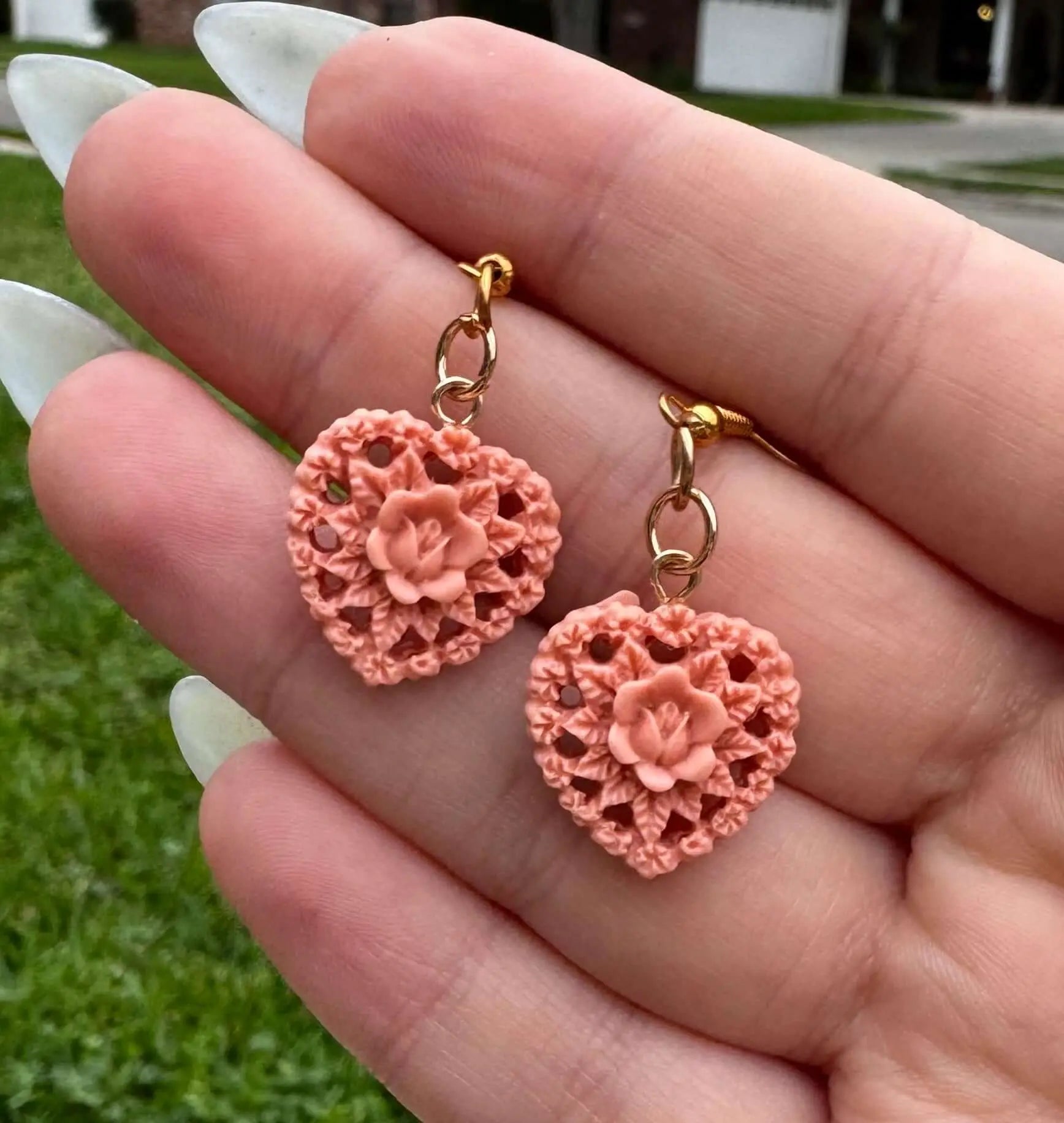 Coral Heart Earrings | Lacey Handmade Jewelry | Mushroom Lady Co