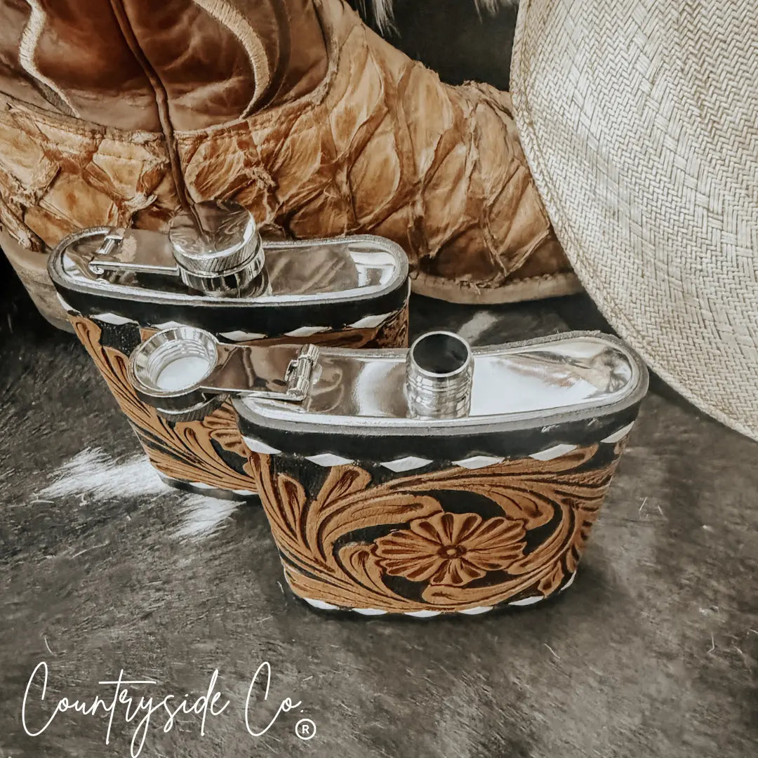 Legend Tooled  Leather Flask Countryside Co.