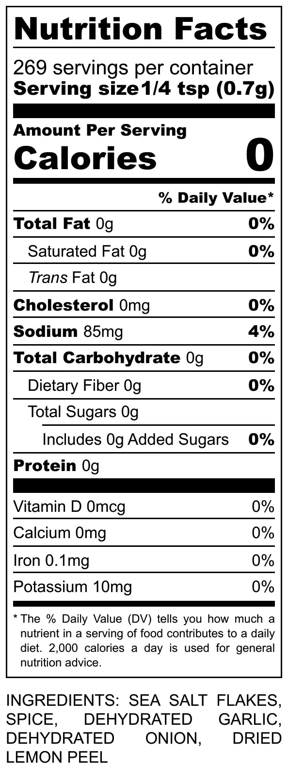 Nutrition facts for Lemon Basil Seasoning Blend: 0 calories, 85mg sodium.