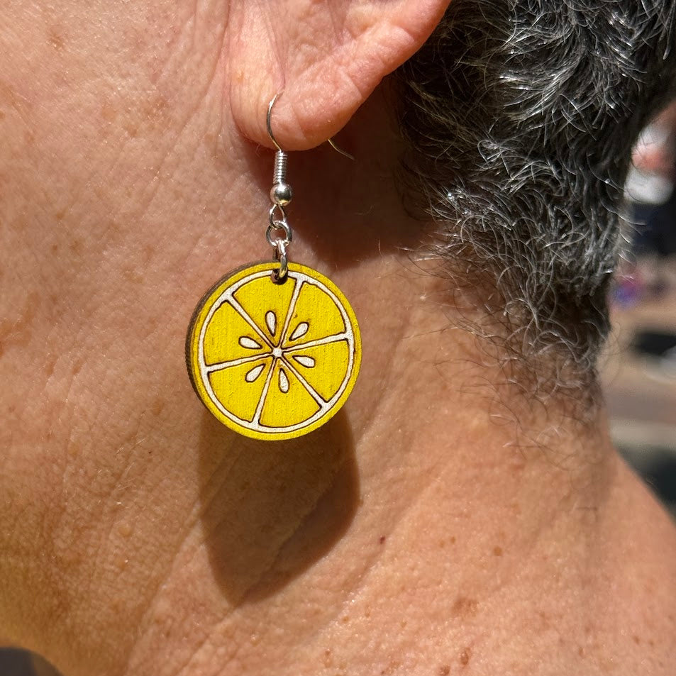 Lemon Slice Wooden Earrings | Citrus Fruit Summer Jewelry by Cate's Concepts, LLC, handmade jewelry detail photo 2