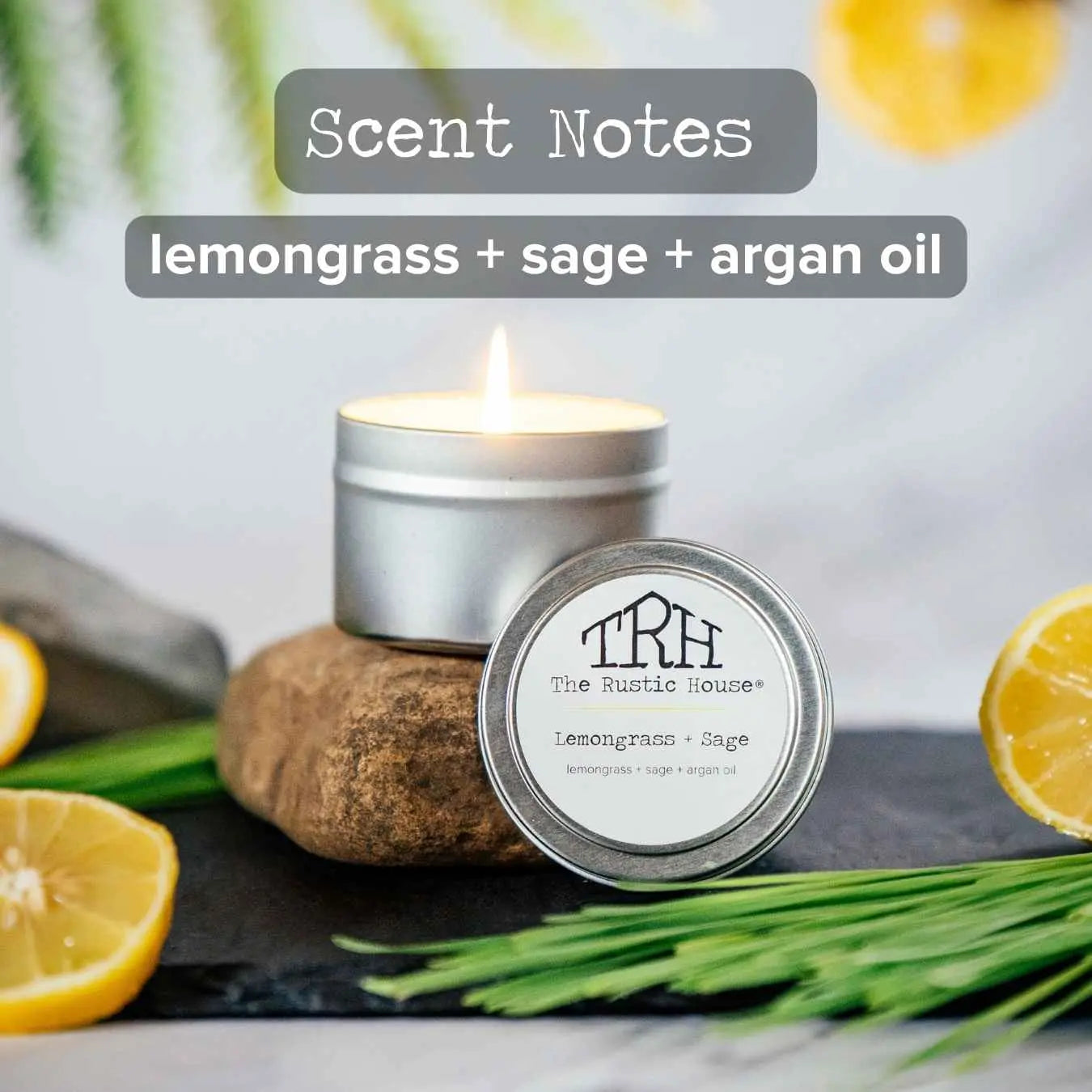 Small silver tin candle with lemongrass and sage scent notes.