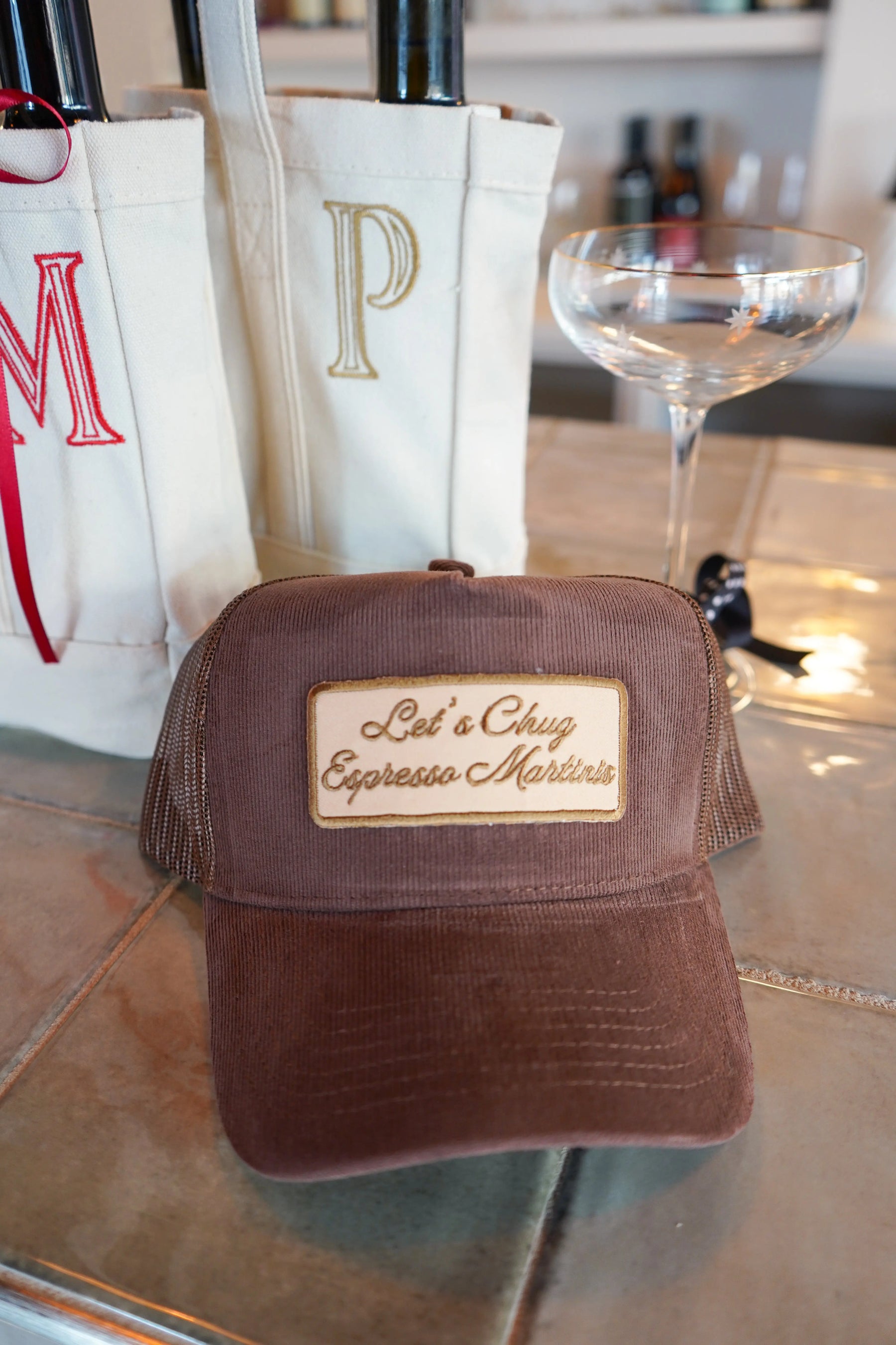 Let's Chug Espresso Martinis - Brown Corduroy Trucker Hat KenzKustomz