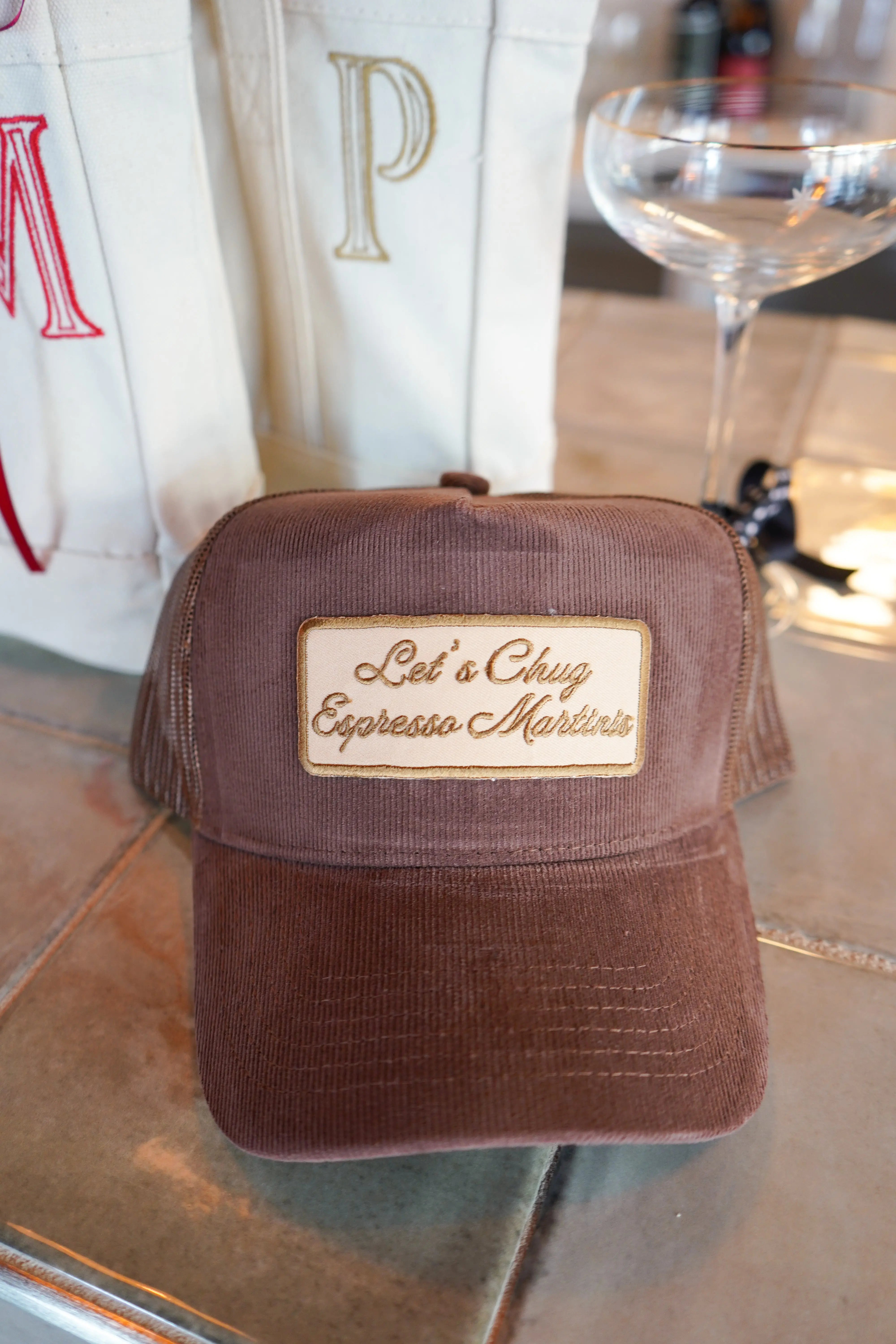Let's Chug Espresso Martinis - Brown Corduroy Trucker Hat KenzKustomz