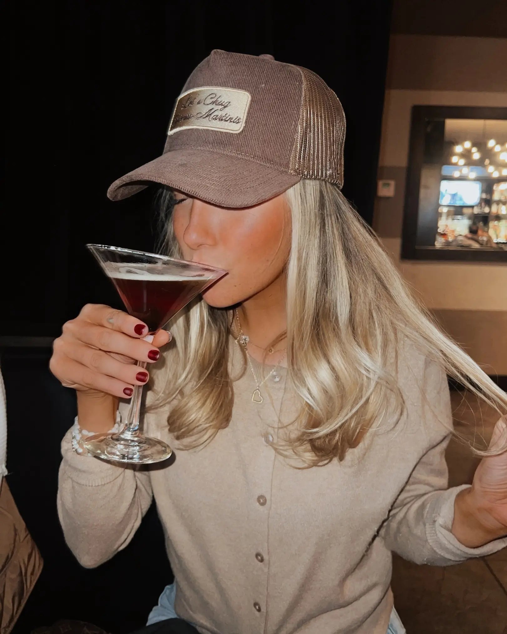 Let's Chug Espresso Martinis - Brown Corduroy Trucker Hat KenzKustomz