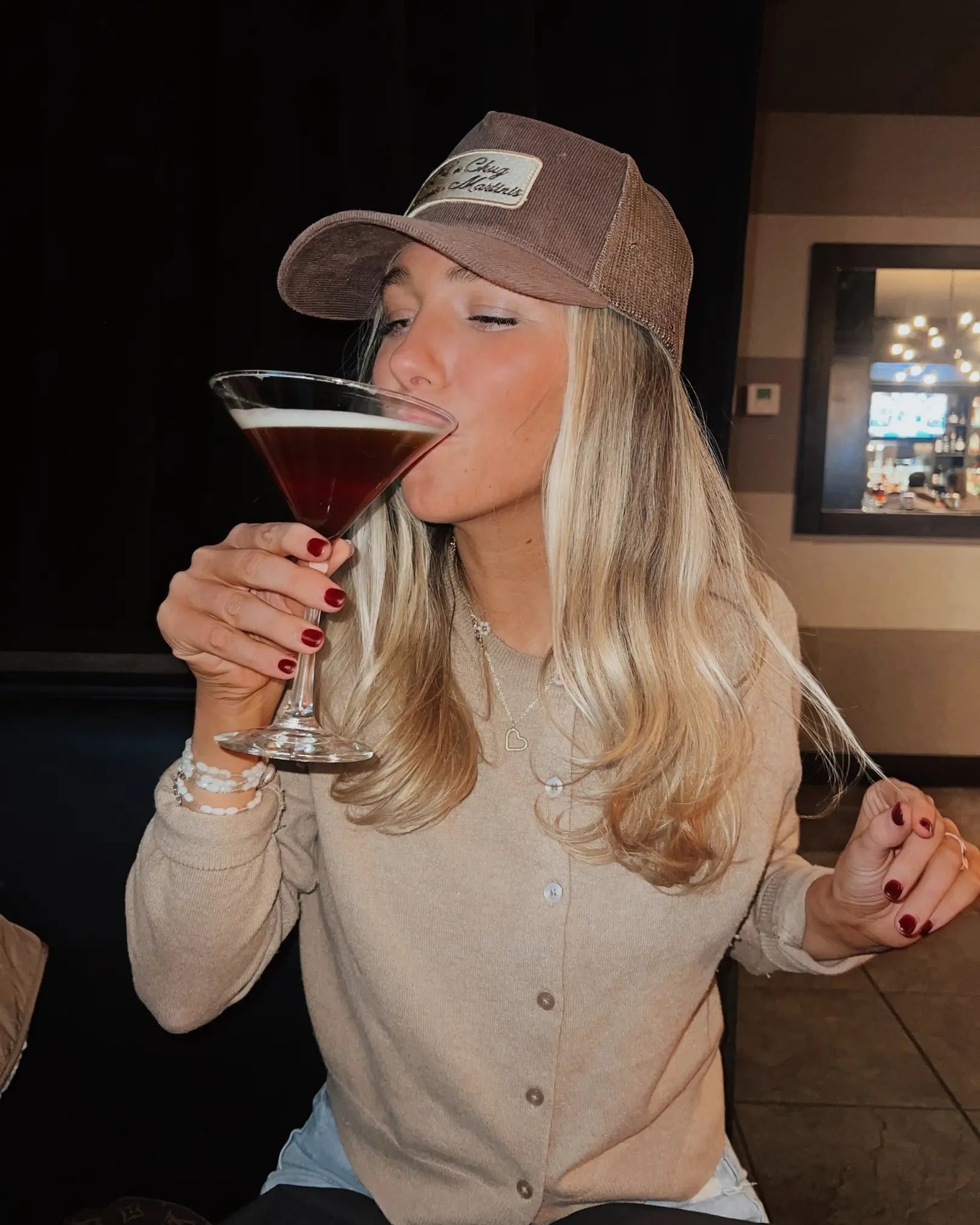 Let's Chug Espresso Martinis - Brown Corduroy Trucker Hat KenzKustomz