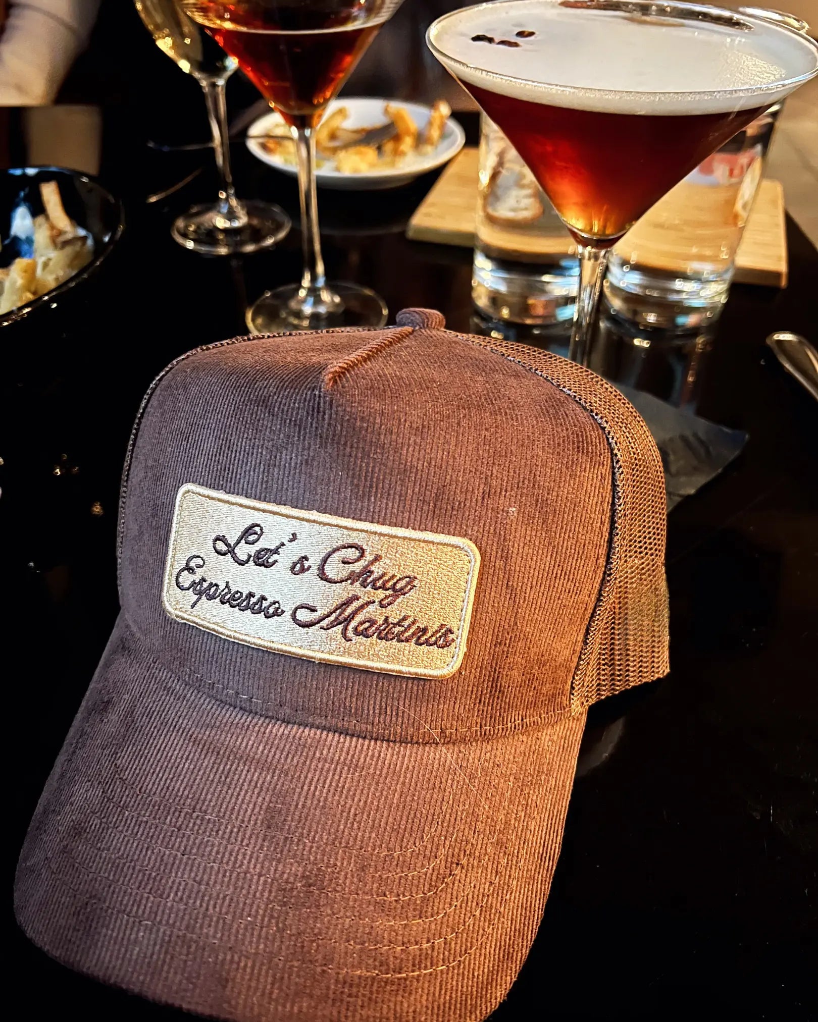 Let's Chug Espresso Martinis - Brown Corduroy Trucker Hat KenzKustomz
