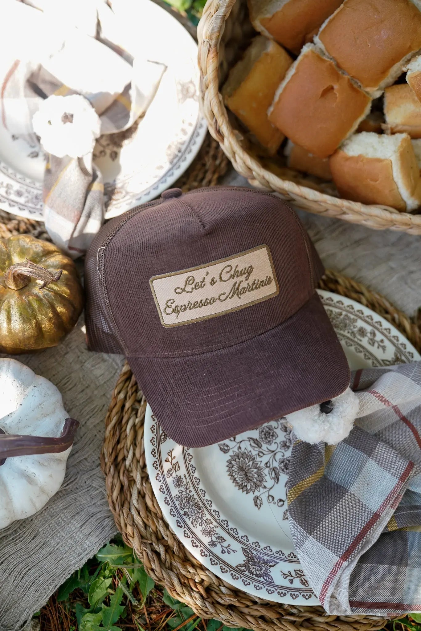 Let's Chug Espresso Martinis - Brown Corduroy Trucker Hat KenzKustomz