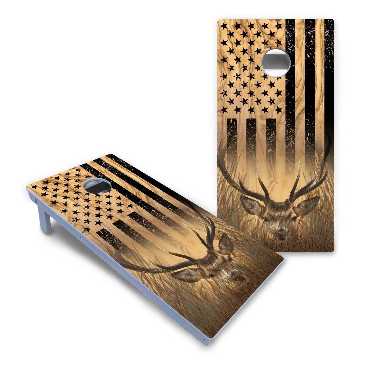 Light Wood Flag Deer & Fish Cornhole Boards - All Weather Series Cornhole Solutions