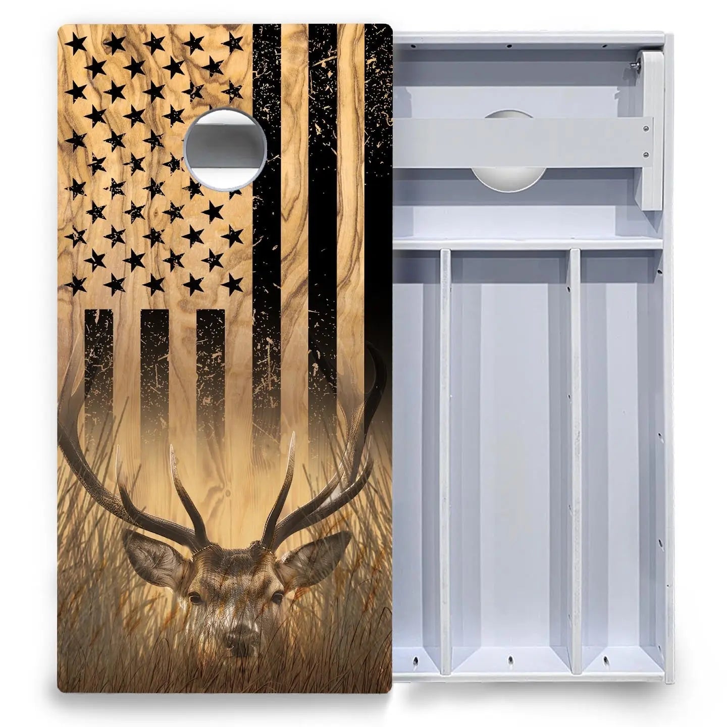 Light Wood Flag Deer & Fish Cornhole Boards - All Weather Series Cornhole Solutions