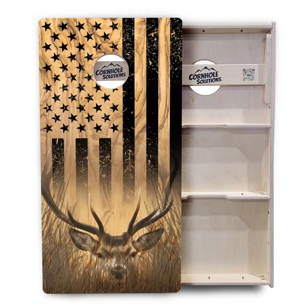 Light Wood Flag Deer & Fish Cornhole Boards - Professional Tournament Series Cornhole Solutions