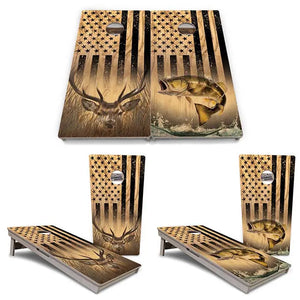 Light Wood Flag Deer & Fish Cornhole Boards - Professional Tournament Series Cornhole Solutions