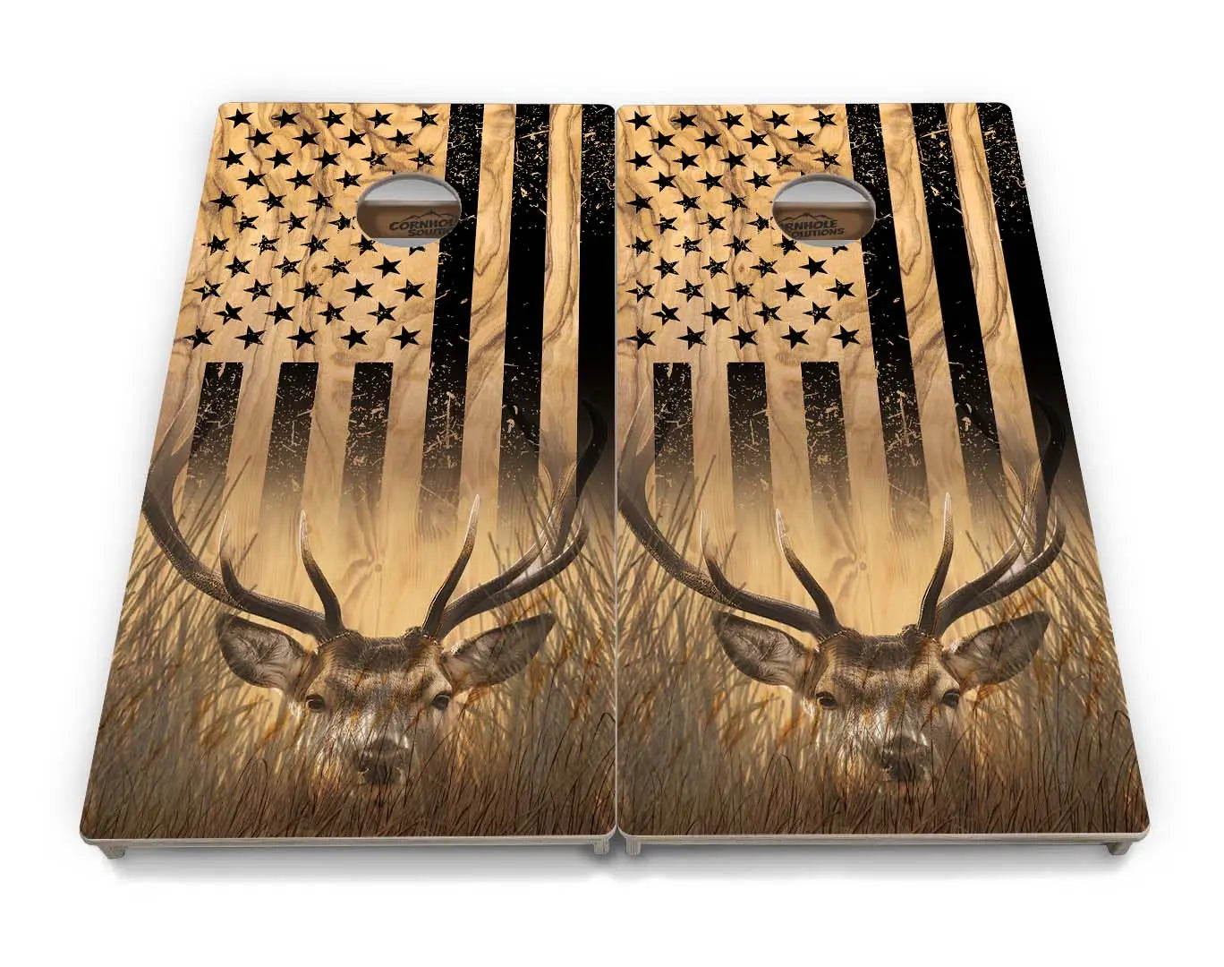 Light Wood Flag Deer & Fish Cornhole Boards - Professional Tournament Series Cornhole Solutions