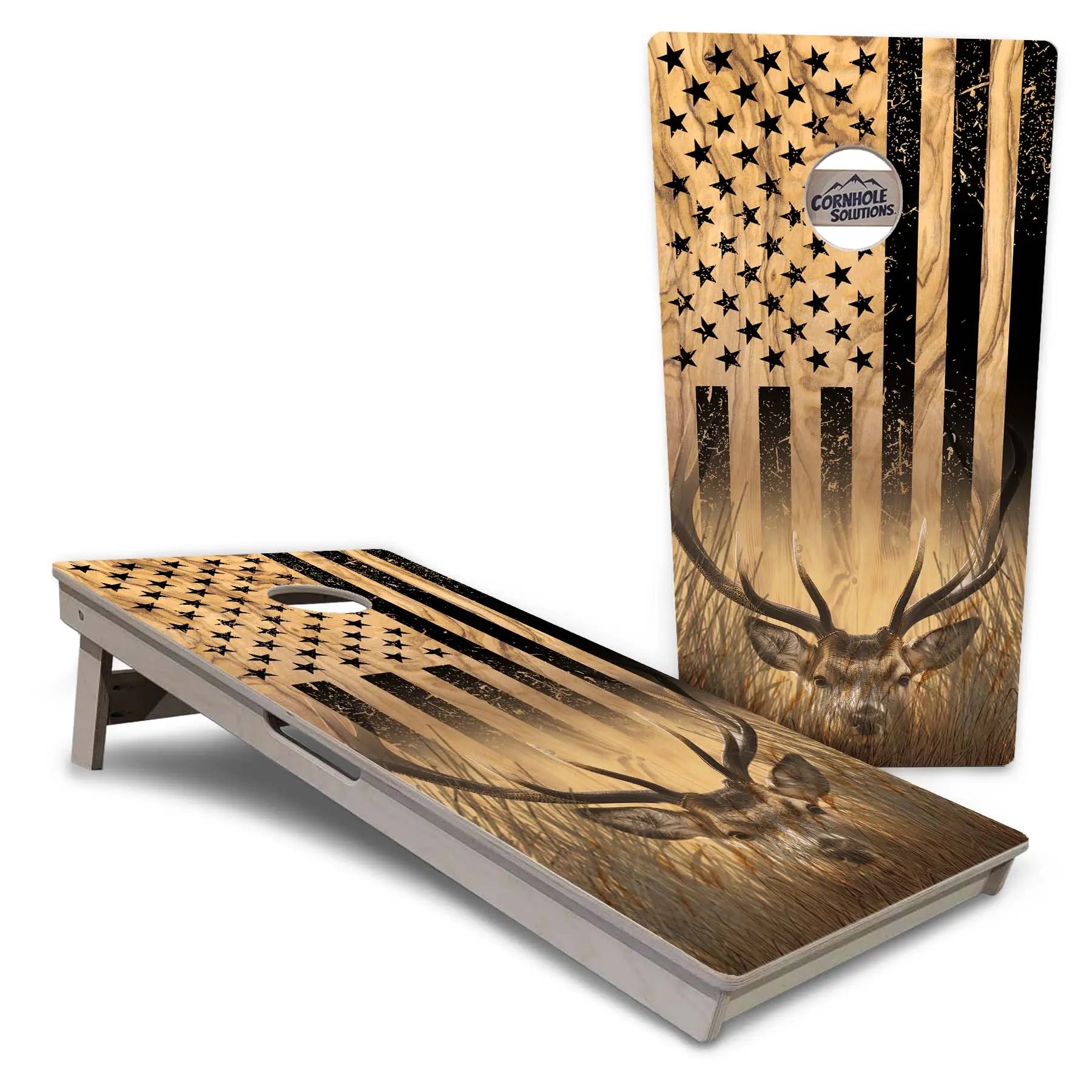 Light Wood Flag Deer & Fish Cornhole Boards - Professional Tournament Series Cornhole Solutions