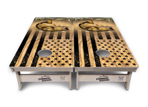 Light Wood Flag Deer & Fish Cornhole Boards - Professional Tournament Series Cornhole Solutions