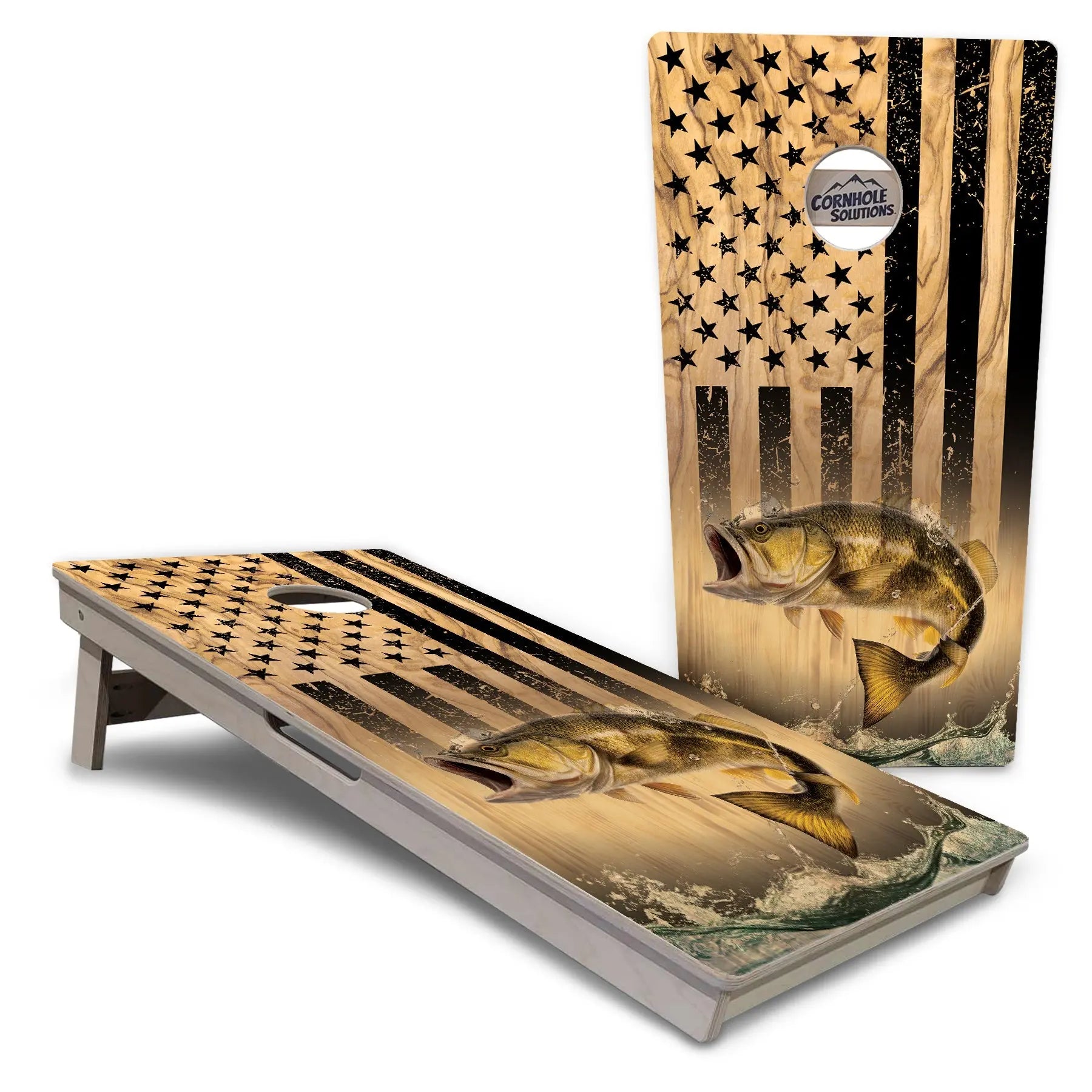 Light Wood Flag Deer & Fish Cornhole Boards - Professional Tournament Series Cornhole Solutions