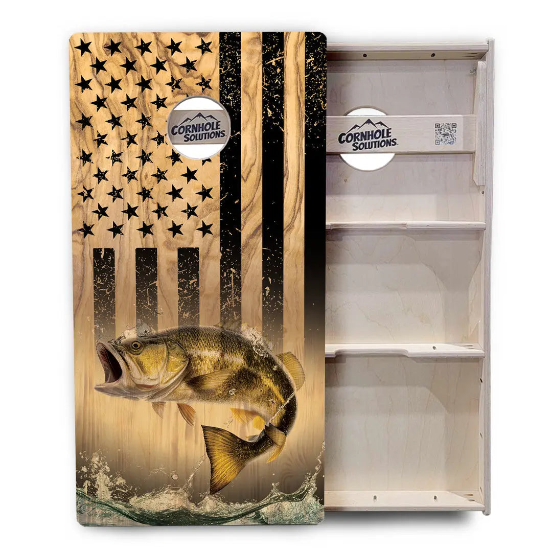 Light Wood Flag Deer & Fish Cornhole Boards - Professional Tournament Series Cornhole Solutions