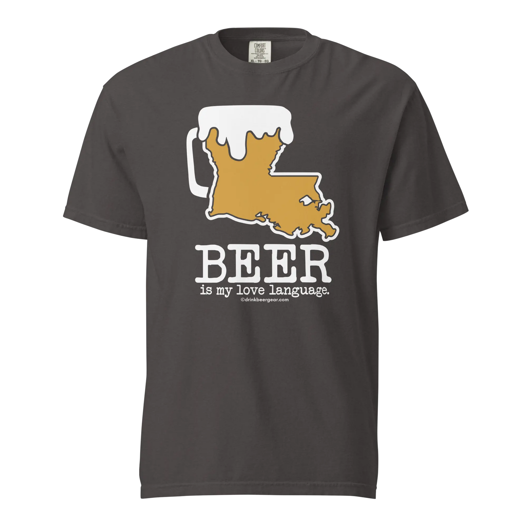 Gray Comfort Colors t-shirt with a Louisiana state shaped beer mug graphic and the text \"BEER is my love language.\"