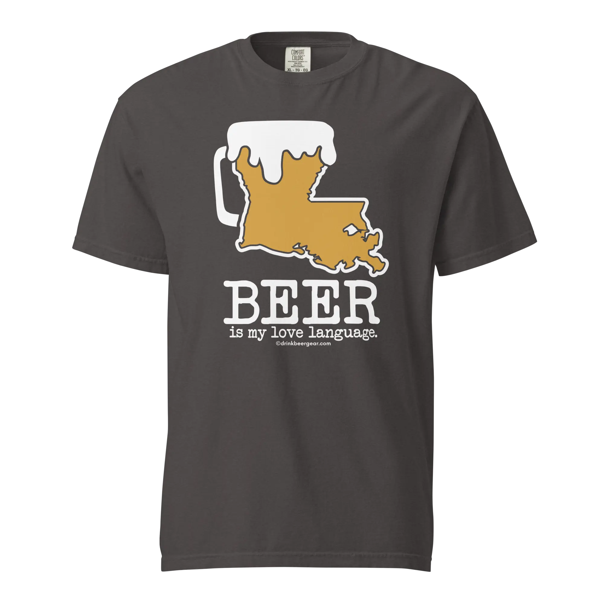 Gray Comfort Colors t-shirt with a Louisiana state shaped beer mug graphic and the text \"BEER is my love language.\"