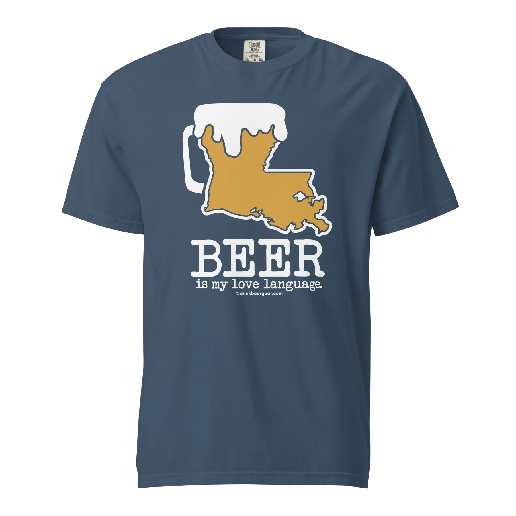 Blue t-shirt with Louisiana state outline as a beer mug and "BEER is my love language" text.