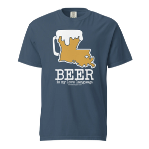 Blue t-shirt with Louisiana state outline as a beer mug and "BEER is my love language" text.