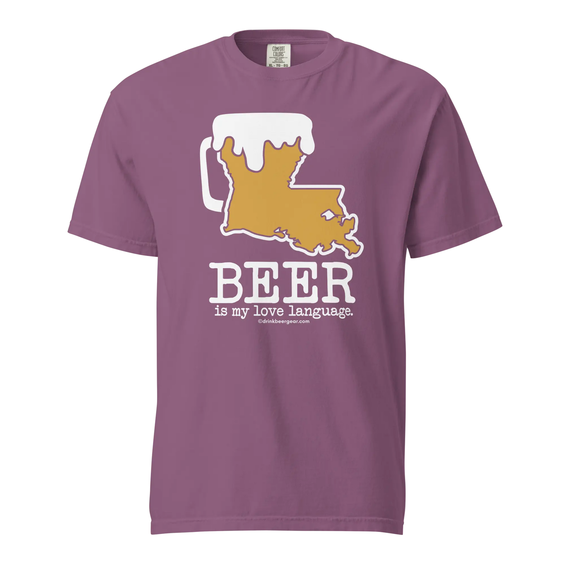 Purple t-shirt featuring a beer mug and Louisiana outline graphic with the text "BEER is my love language." visible.
