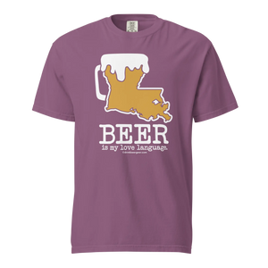 Purple t-shirt featuring a beer mug and Louisiana outline graphic with the text "BEER is my love language." visible.