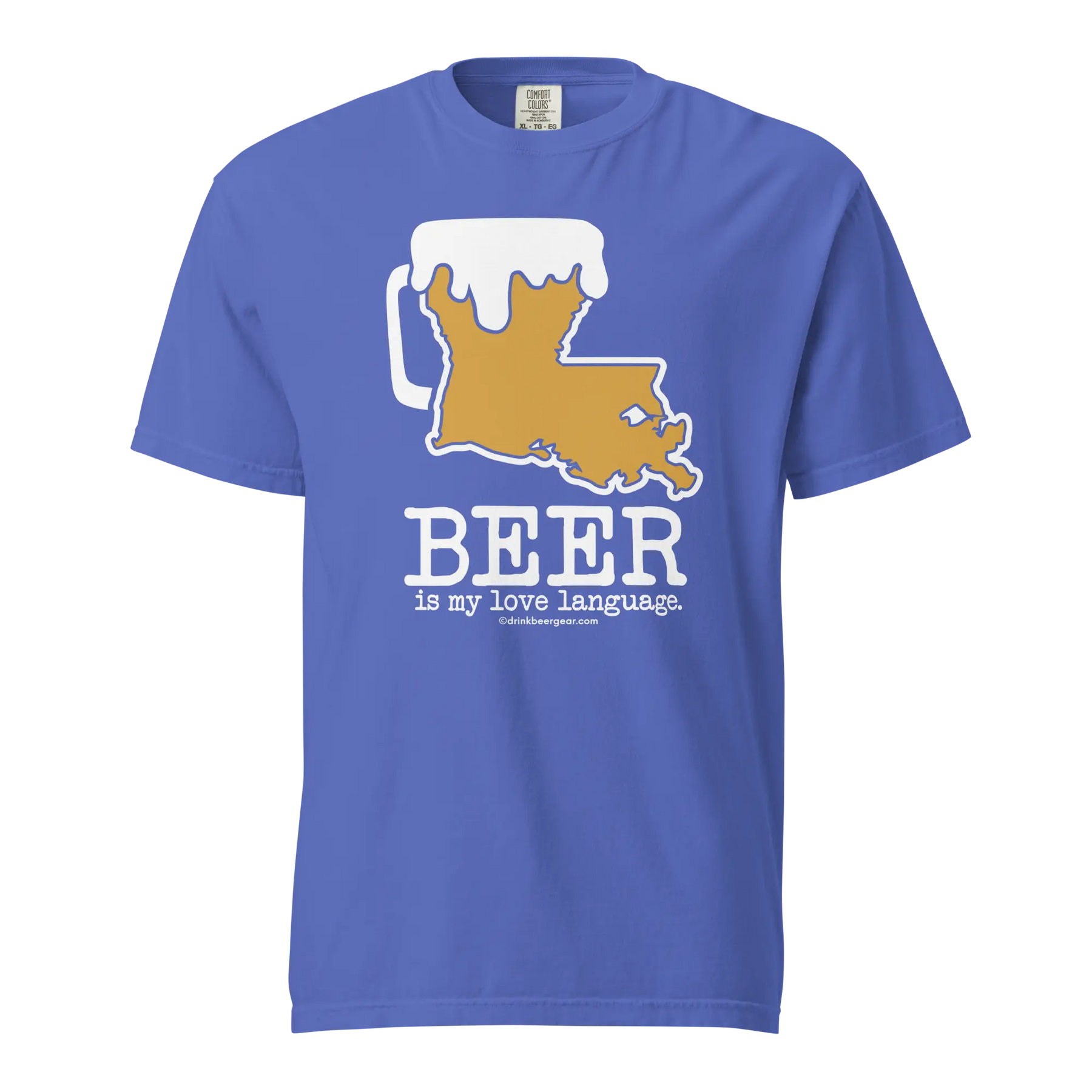 Blue t-shirt featuring a beer mug shaped like Louisiana, with "BEER is my love language" text.
