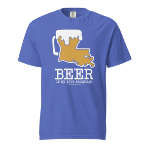 Blue t-shirt featuring a beer mug shaped like Louisiana, with "BEER is my love language" text.
