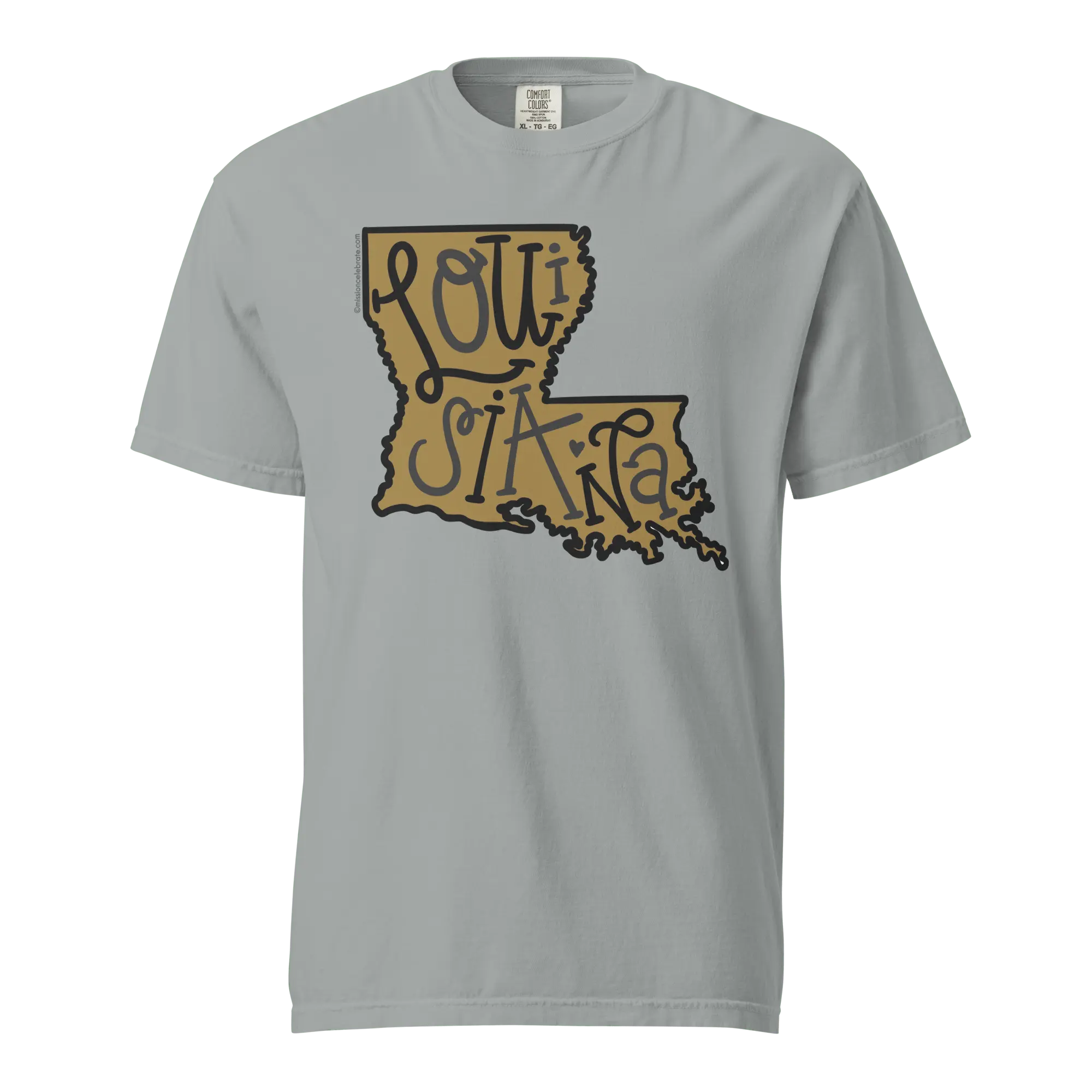 Louisiana T-Shirt: Gold State Outline, Black Handlettered Design, Comfort Colors by Main Street Collective