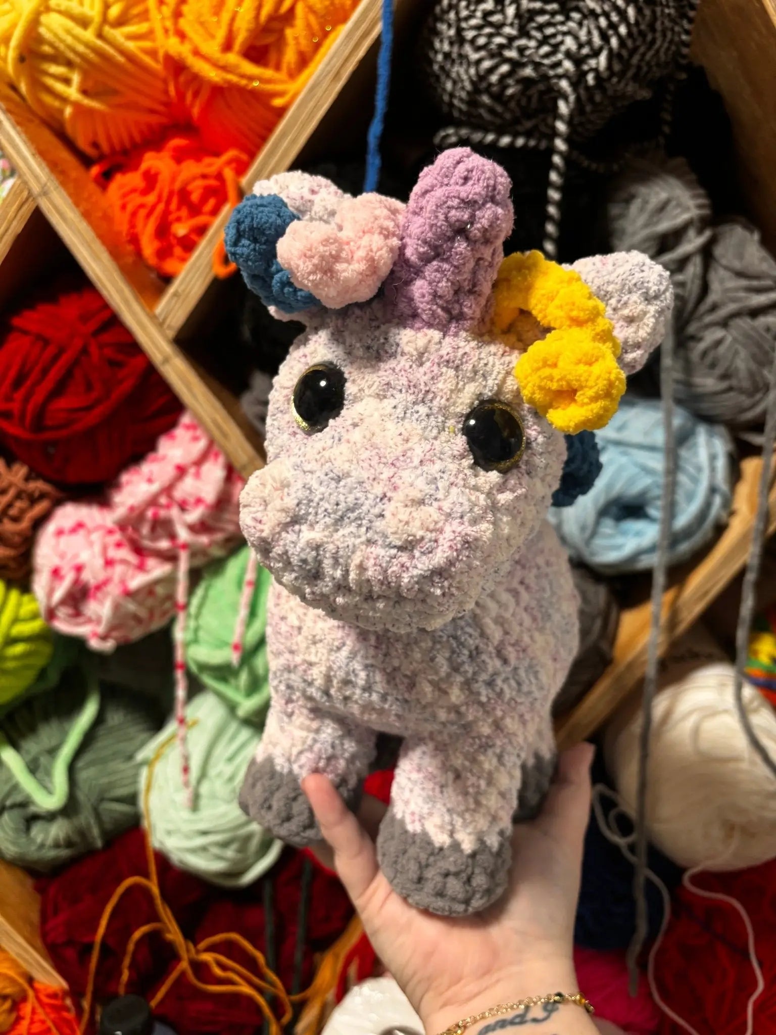 Lucky the Unicorn Crochet Plush Toy by Main Street Collective. Handmade unicorn amigurumi toy for kids, plushie.
