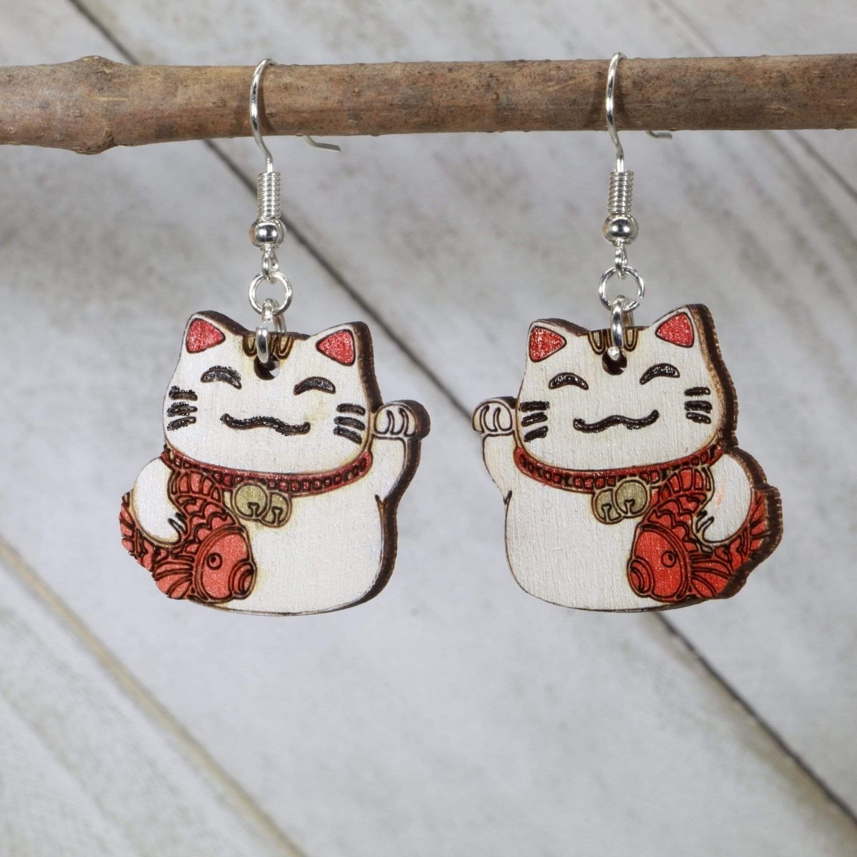 Lucky Cat Wooden Earrings | Maneki Neko Japanese Jewelry
