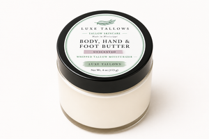 Top label of unscented body hand and foot tallow butter from Luxe Tallows
