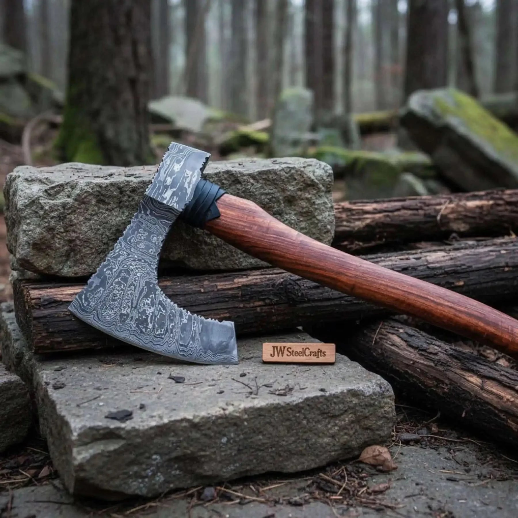 Damascus steel axe head with premium handle on rustic wood surface