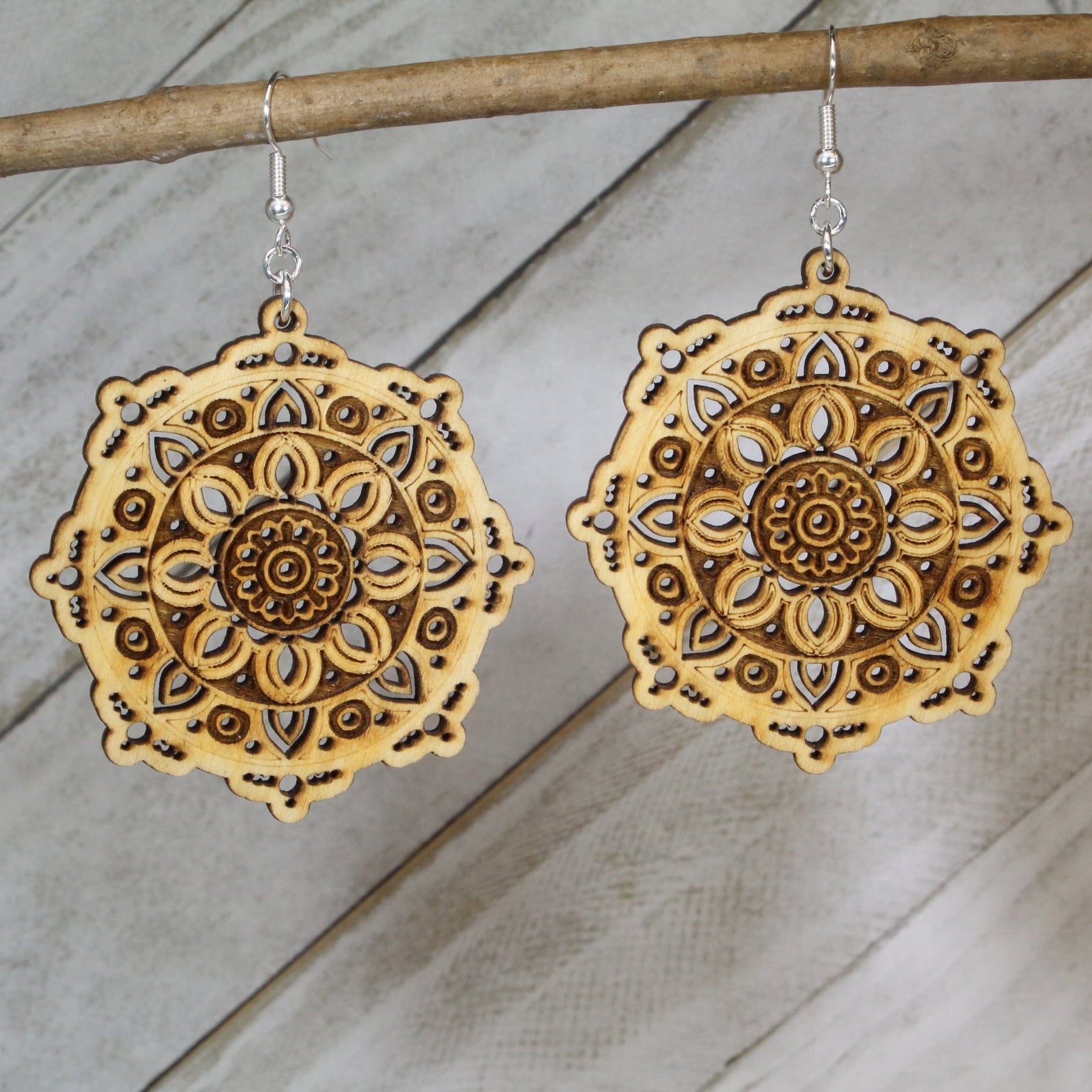 Mandala Wooden Dangle Earrings | Boho Spiritual Jewelry
