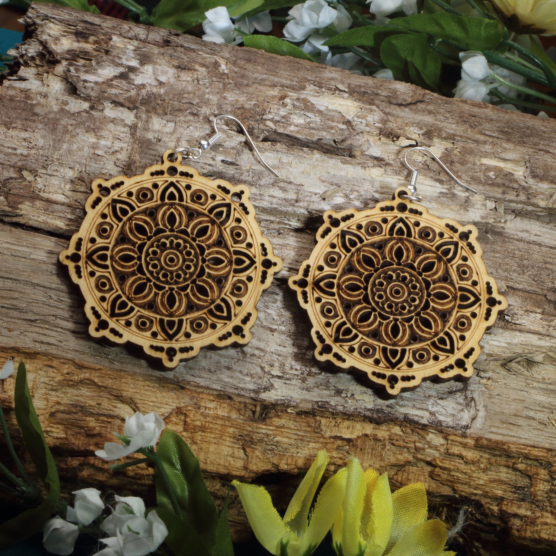 Mandala Wooden Dangle Earrings | Boho Spiritual Jewelry